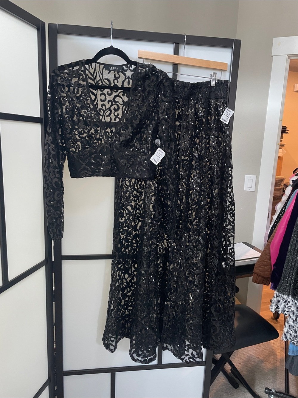 AKIRA Black Sequin Lace Maxi Skirt w/Matching Crop Jacket - See Measurements